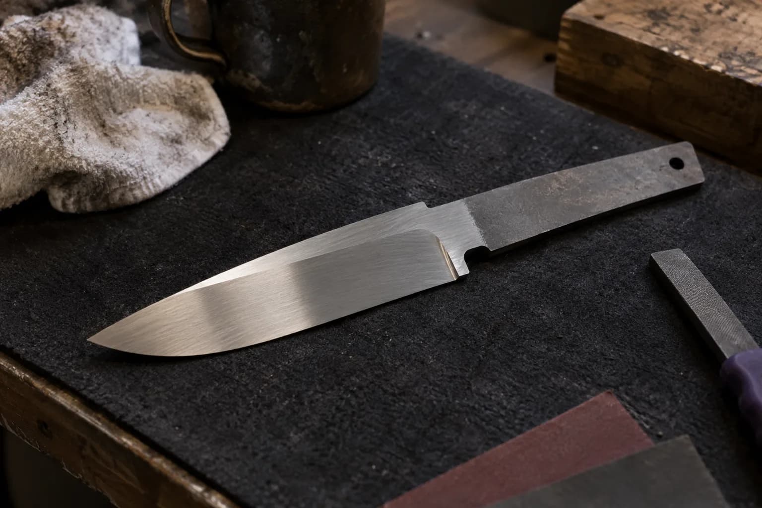 Partly ground drop-point knife blank on a dark felt bench pad, bright flat bevel, rough unground tang with a hole