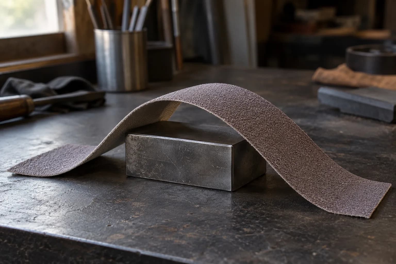 Fresh abrasive belt strip arched over a small steel block with both ends flat on a dark steel bench