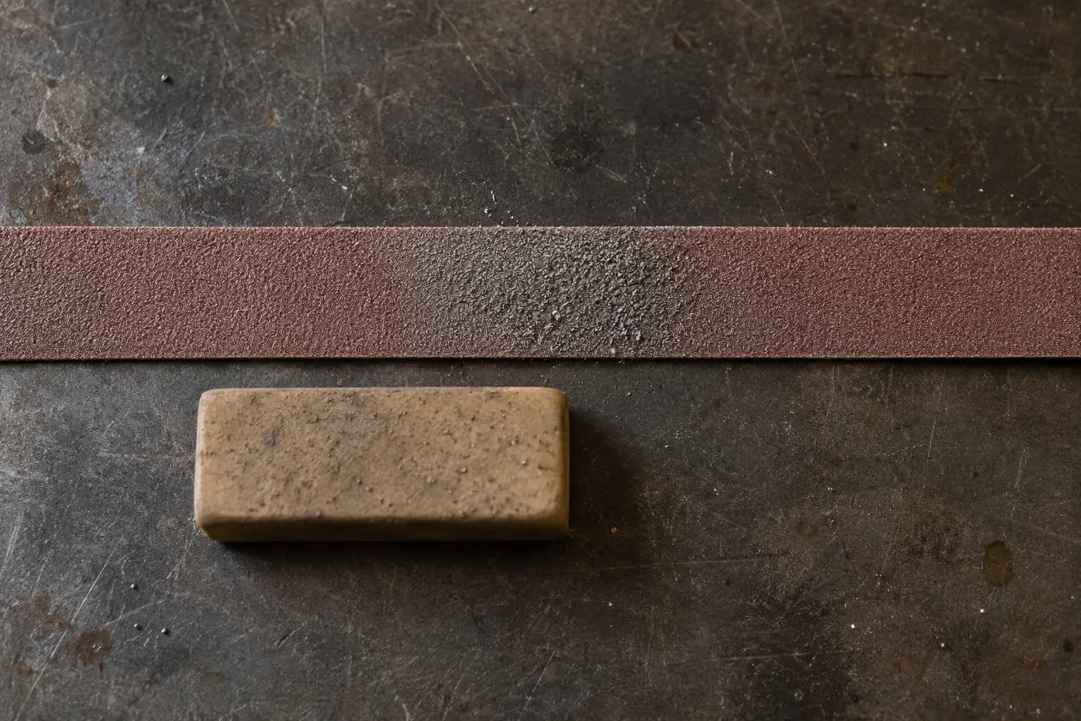Overhead view of a plain tan belt eraser beside a red-brown abrasive strip with a gray metal-loaded patch