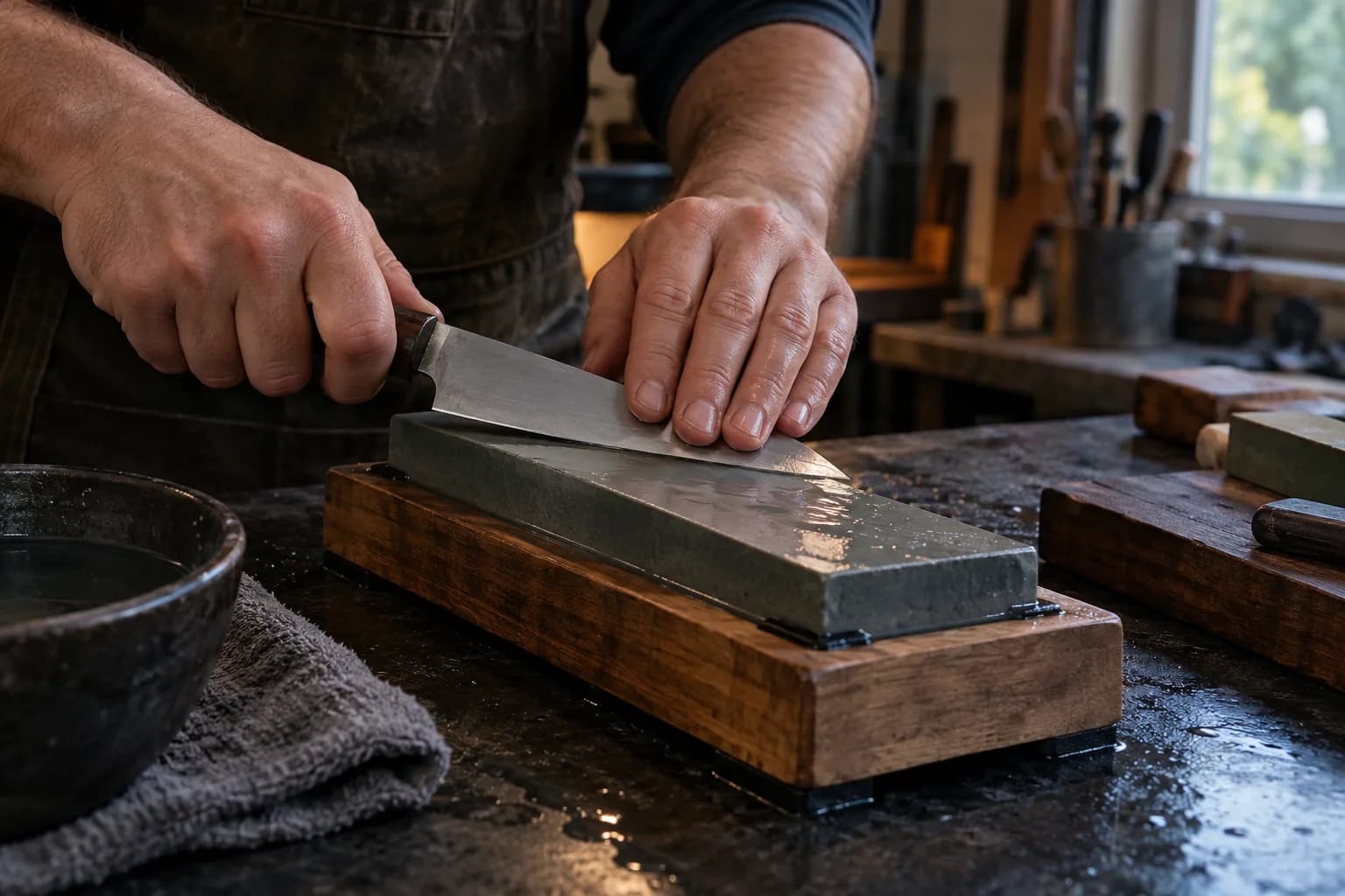 Hands sharpening a knife on a wet stone in a wooden holder, fingertips on the blade flat, water bowl nearby