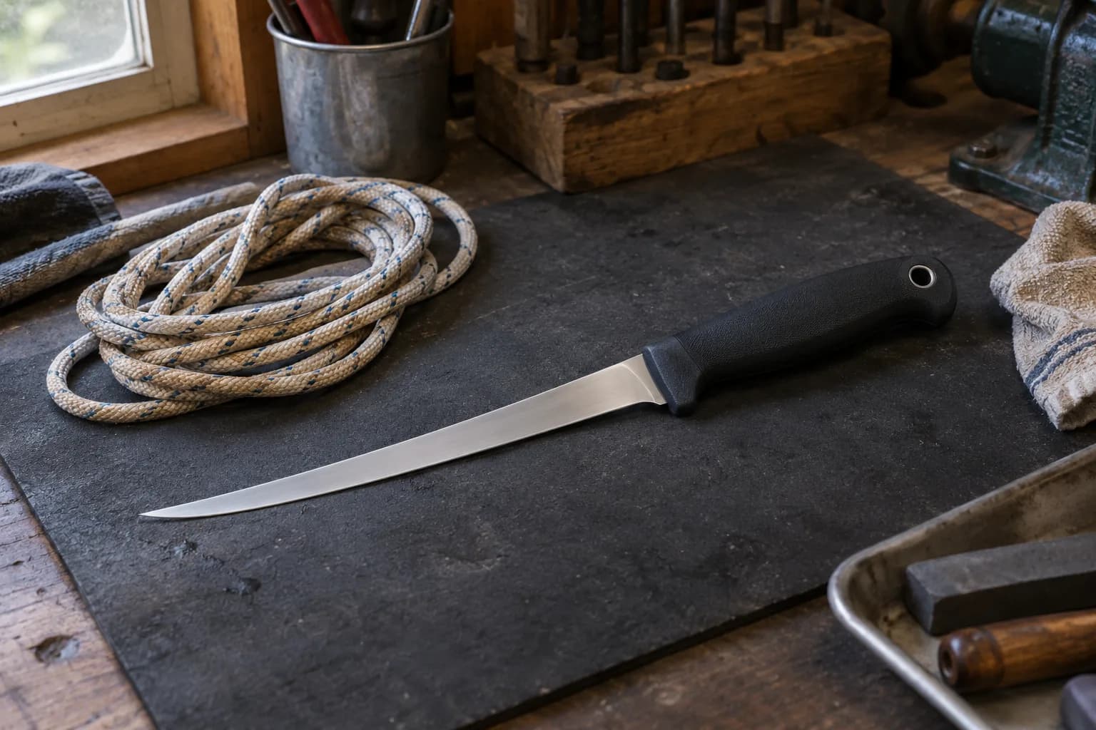 Slim fillet knife with black molded handle lying on a dark pad beside a coil of blue-flecked boat rope on a shop bench.