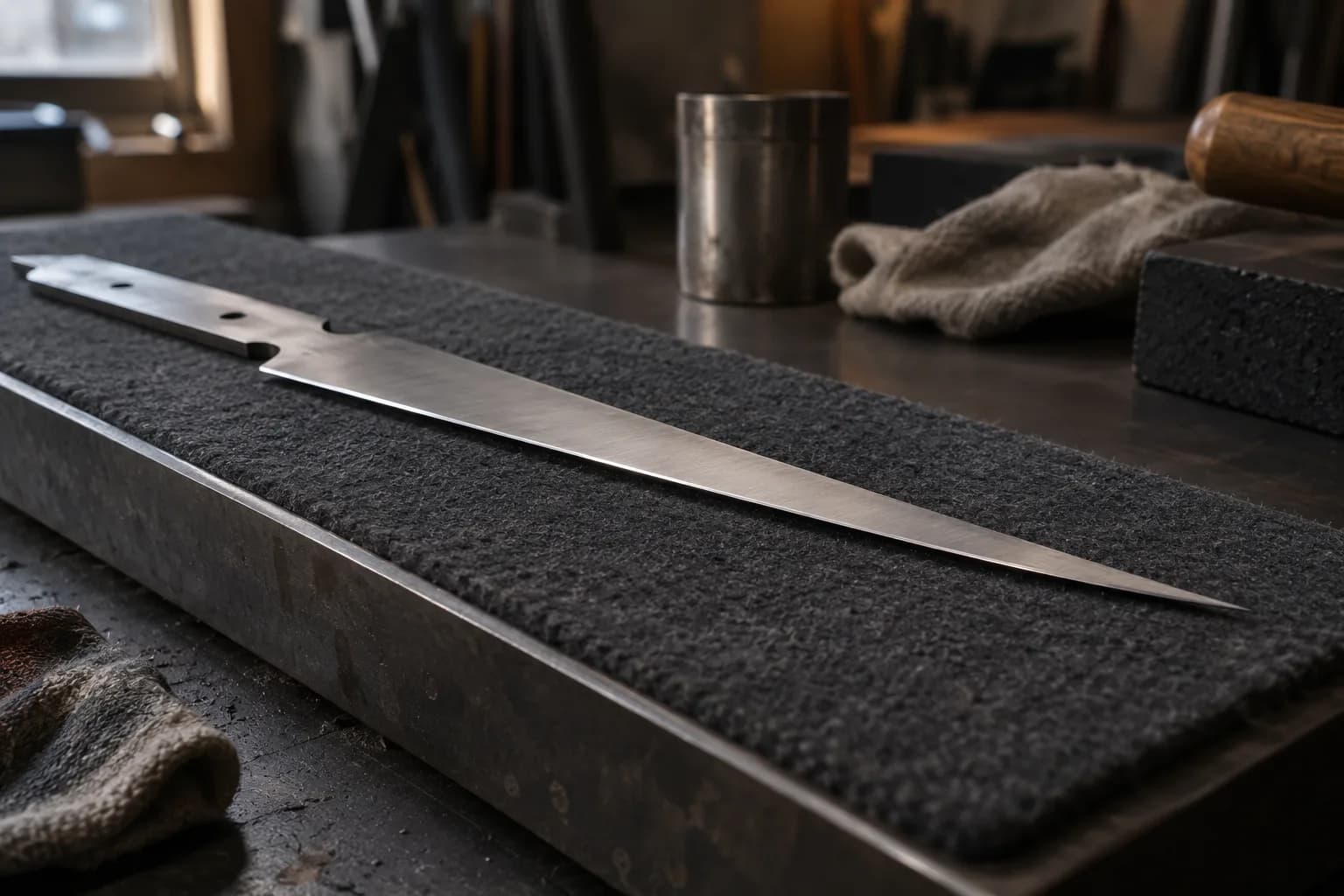 Cold unhandled fillet blank with two tang holes lying flat on dark felt over a steel block, thin edge bevel catching light.