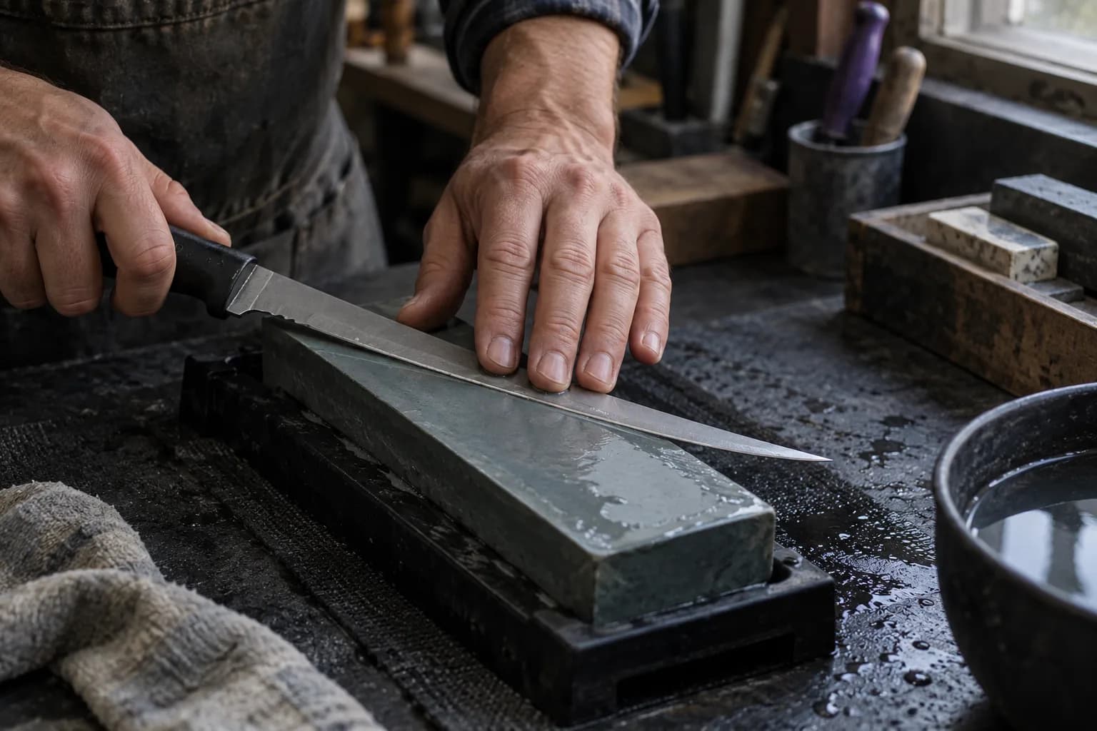 Hands holding a fillet knife on a wet green waterstone in a black holder, fingertips on the blade, water bowl beside it.