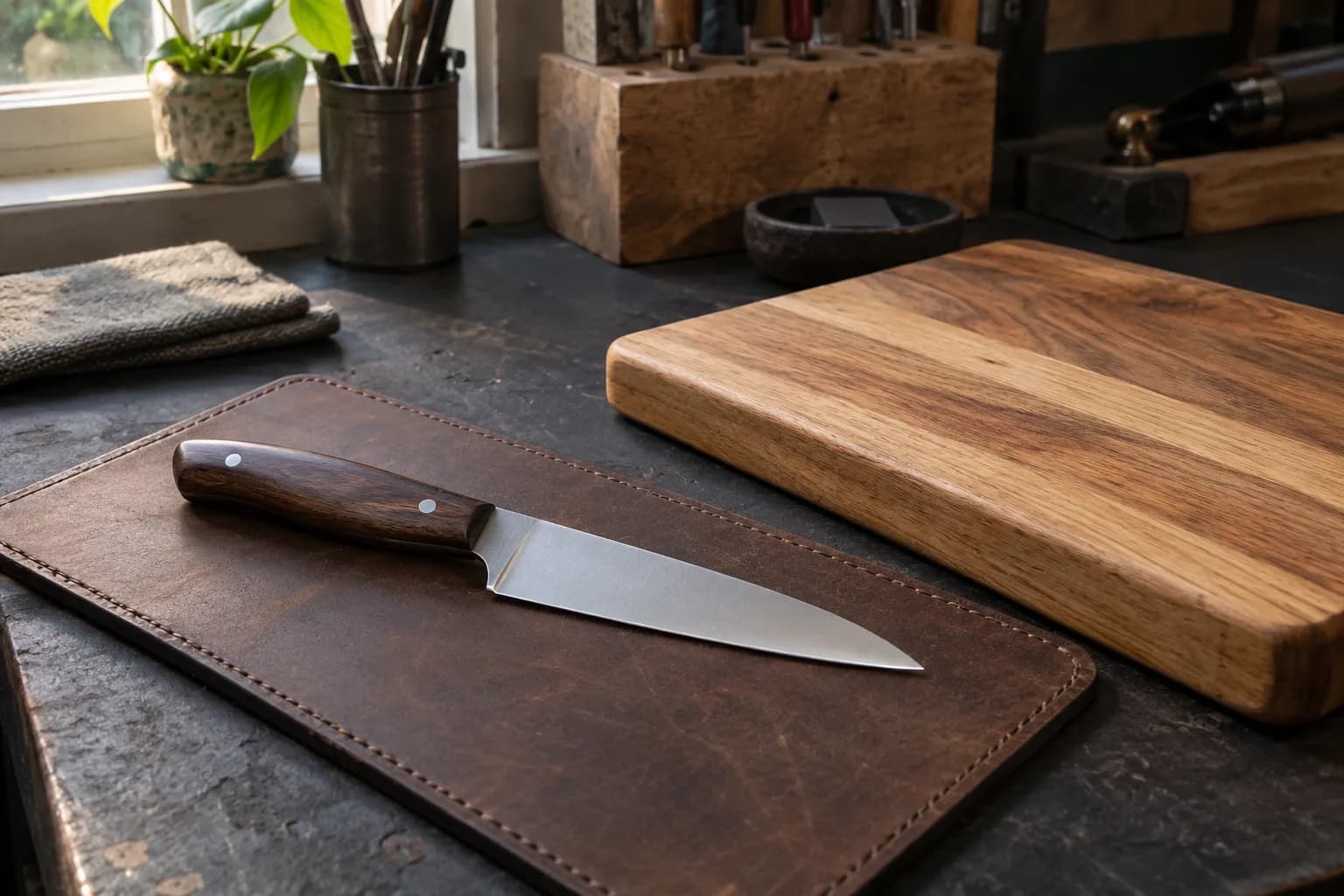 Plain utility knife with a dark wood handle on a stitched leather pad beside a clean wooden cutting board.