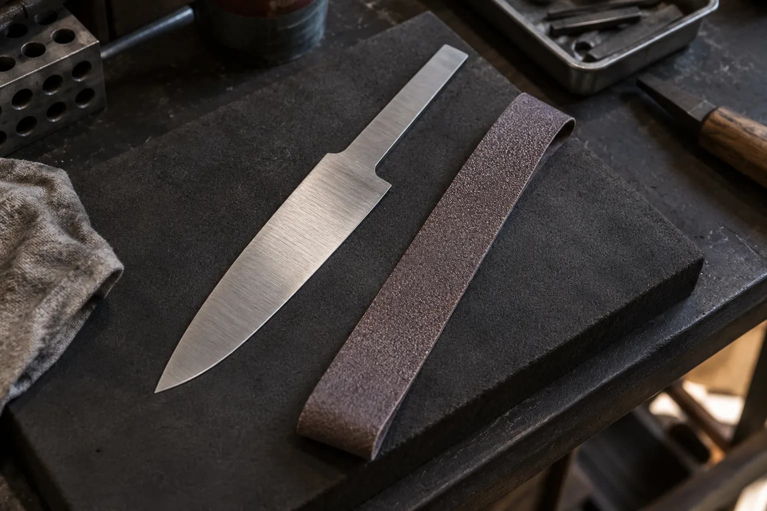 Satin-finished unhandled knife blank lying beside a fine textured abrasive belt strip on a dark foam pad.