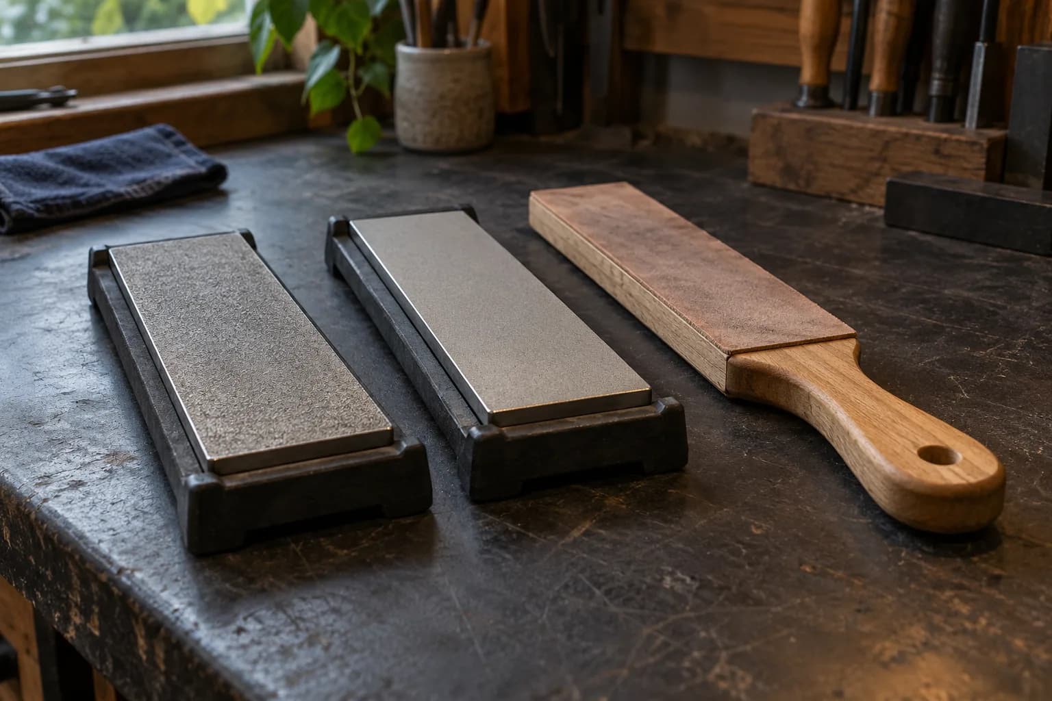 Two diamond plates in black holders beside a leather-faced wooden paddle strop on a scarred dark bench.
