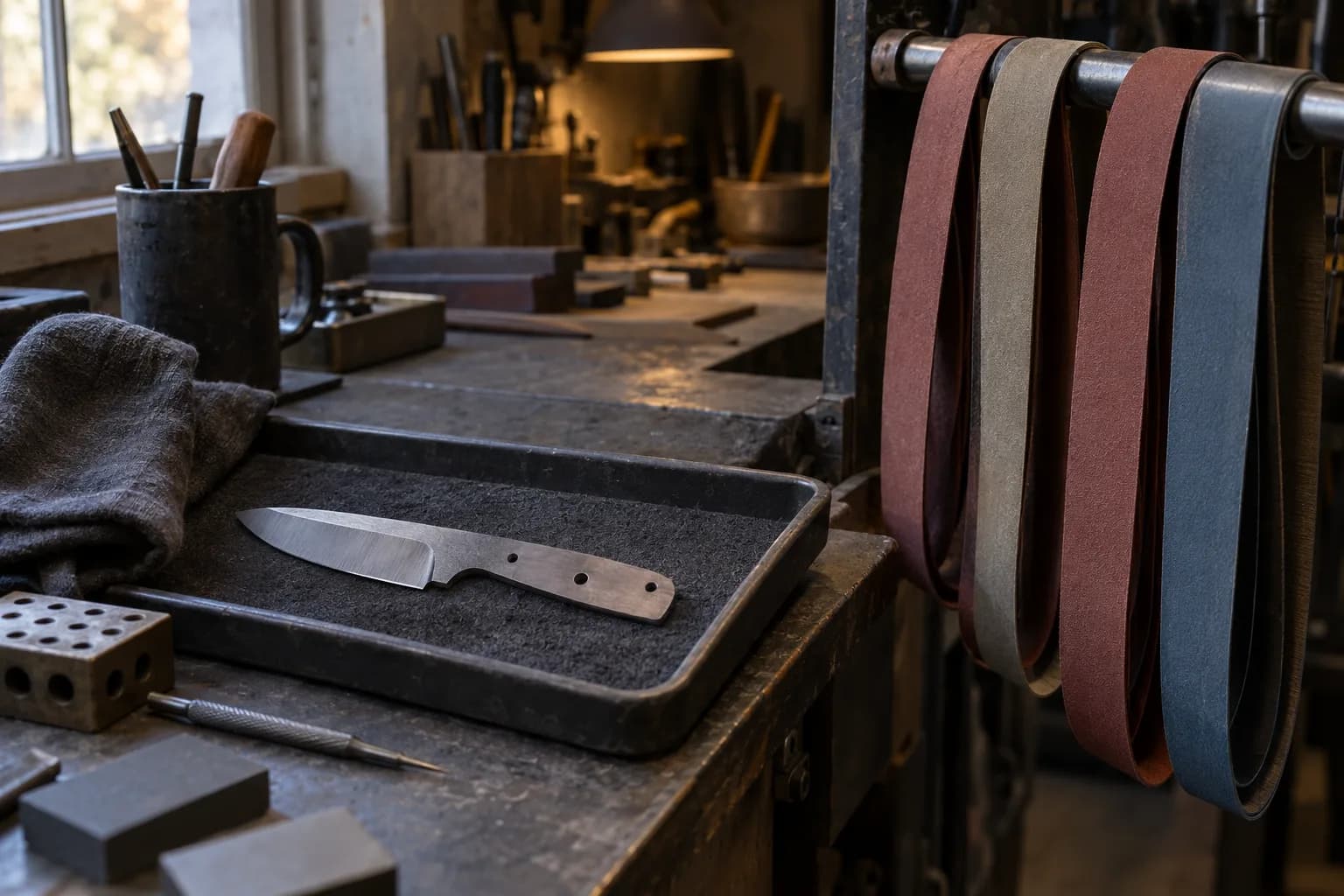 Four abrasive belt loops hanging from a rail beside a pinned-hole knife blank resting in a padded tray on a worn bench.