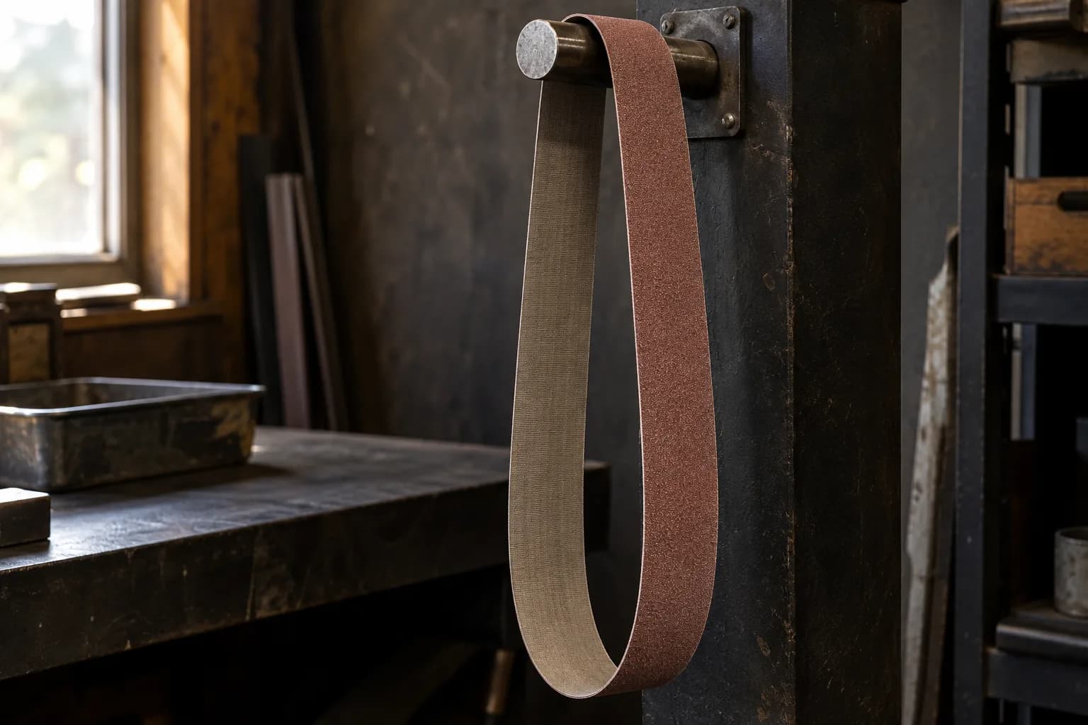Brick-red abrasive belt hanging in a loop over a round steel peg, showing its grit face and plain cloth backing.