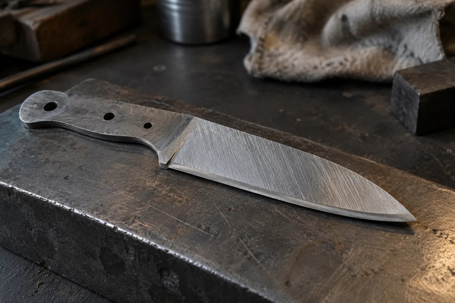 Cold pre-heat-treat knife blank with coarse straight scratches on the flats and a blunt edge, lying on a steel block.