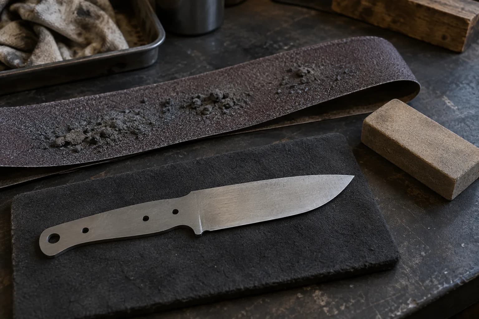 Plain gray knife blank on a black pad beside a flat belt with gray swarf clumps and a tan rubber belt eraser.