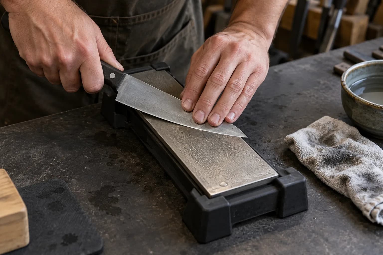 Hands sharpen a kitchen utility knife on a wet diamond plate clamped in a black holder, with a bowl of water and a rag beside it.