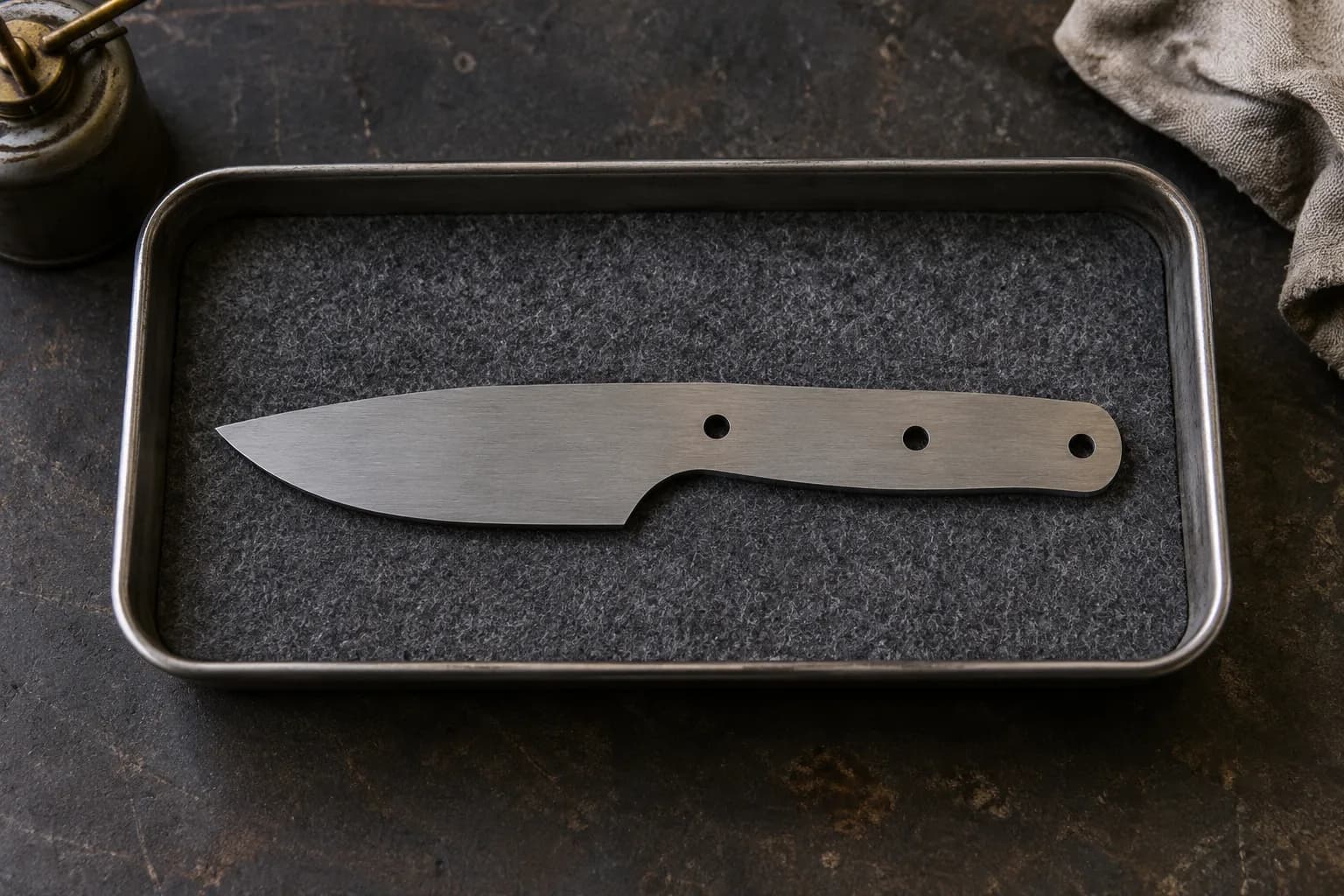 Profiled knife blank with three pin holes and an unground edge, lying flat on gray felt in a steel tray beside an oil can.