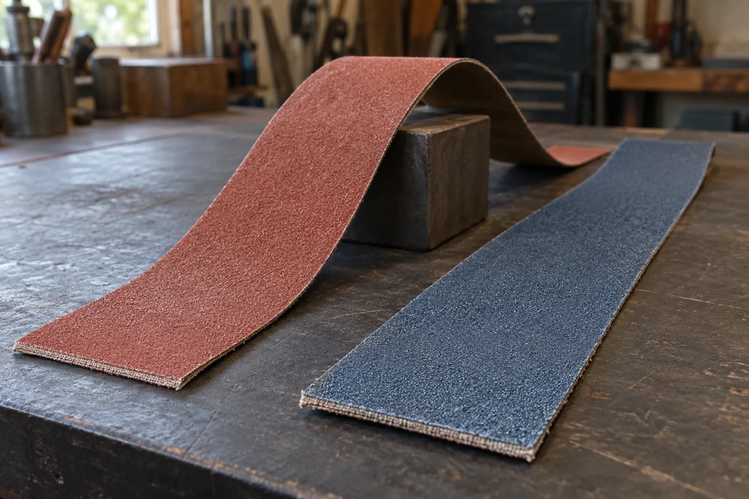 Red and blue-gray abrasive belt strips on a dark bench, the red one arched over a steel block, cloth backing visible.