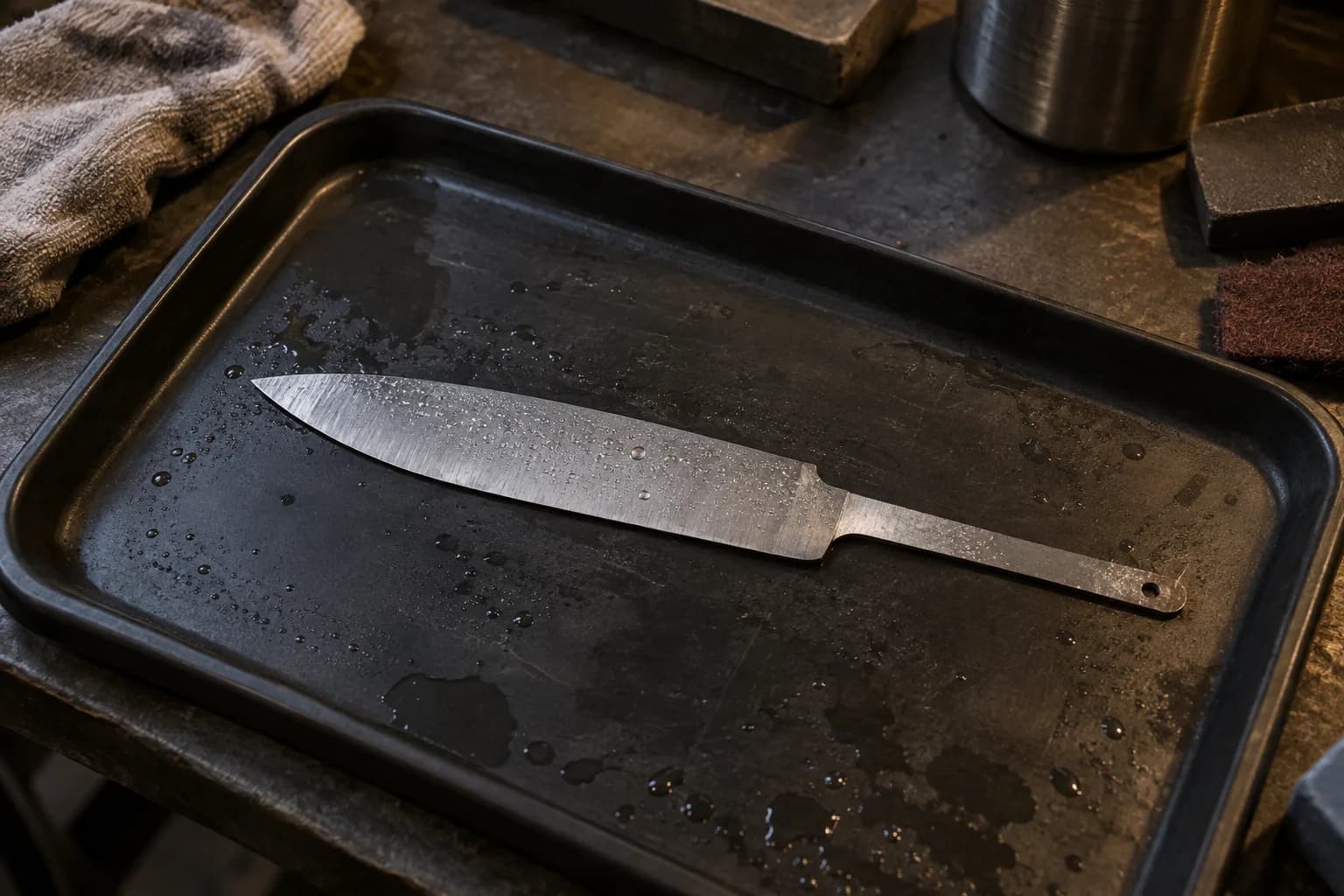 Narrow unhandled knife blank lying flat on a dark tray, its ground face beaded with fine coolant drops, rag beside it.