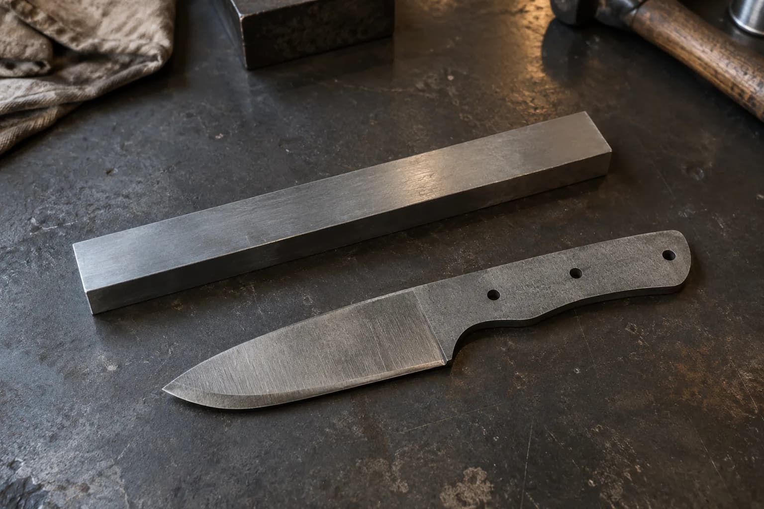 Square steel bar lying beside a rough knife blank with three tang holes on a dark worn steel bench