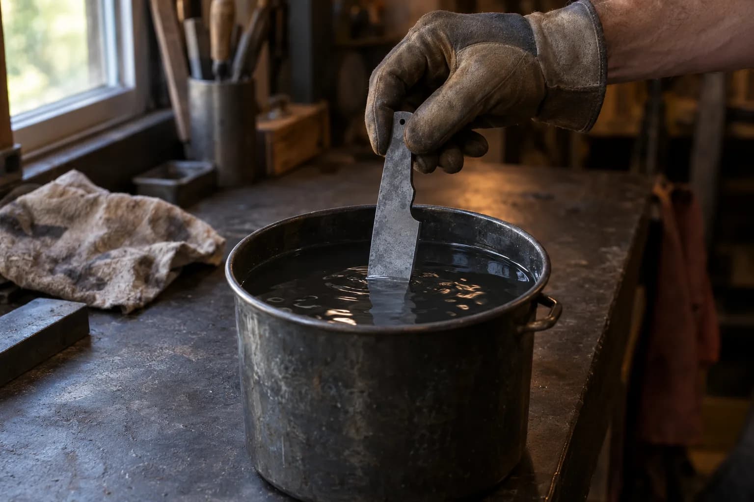 Gloved hand lowering a gray knife blank by its tang into a steel pot of water on a dark shop bench, ripples at the surface