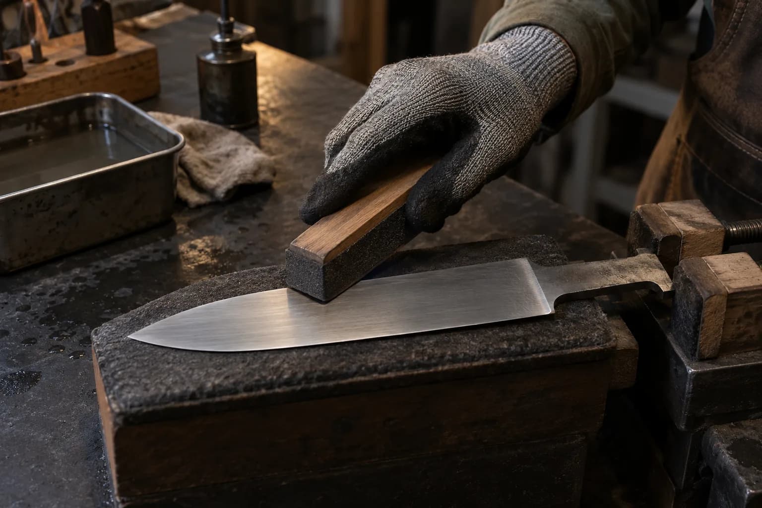 Gloved hand pushes a wooden sanding block along a satin-finished knife blade lying on a pad, tang held in wood-jawed clamps.
