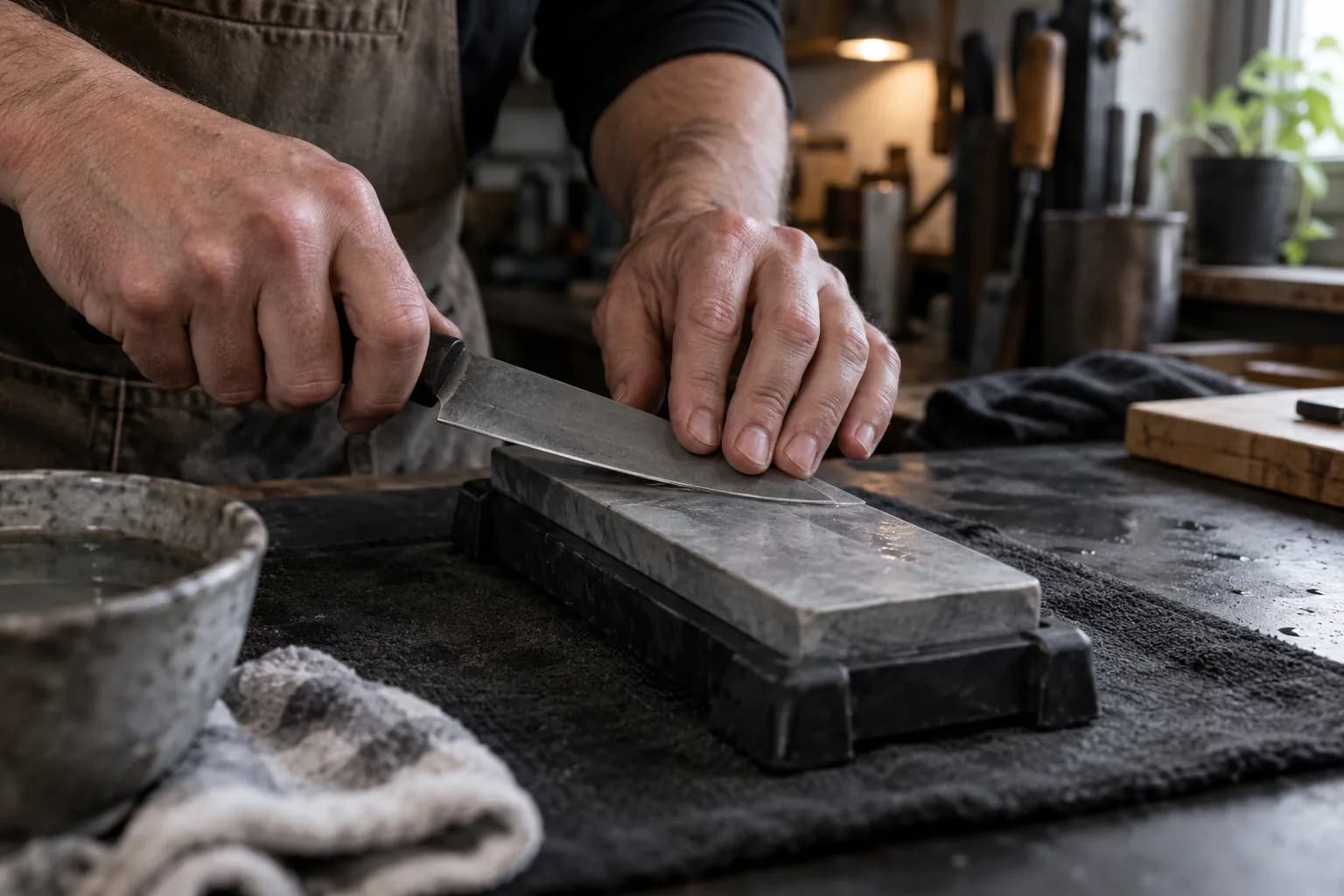 Hands sharpening a plain kitchen knife on a wet gray bench stone in a black holder, with a water bowl beside it
