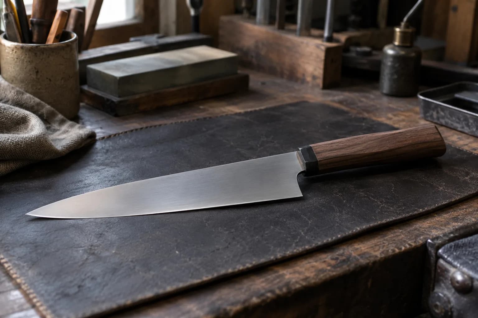 Thin kitchen knife with a walnut handle resting flat on a dark leather pad on a worn wooden bench.