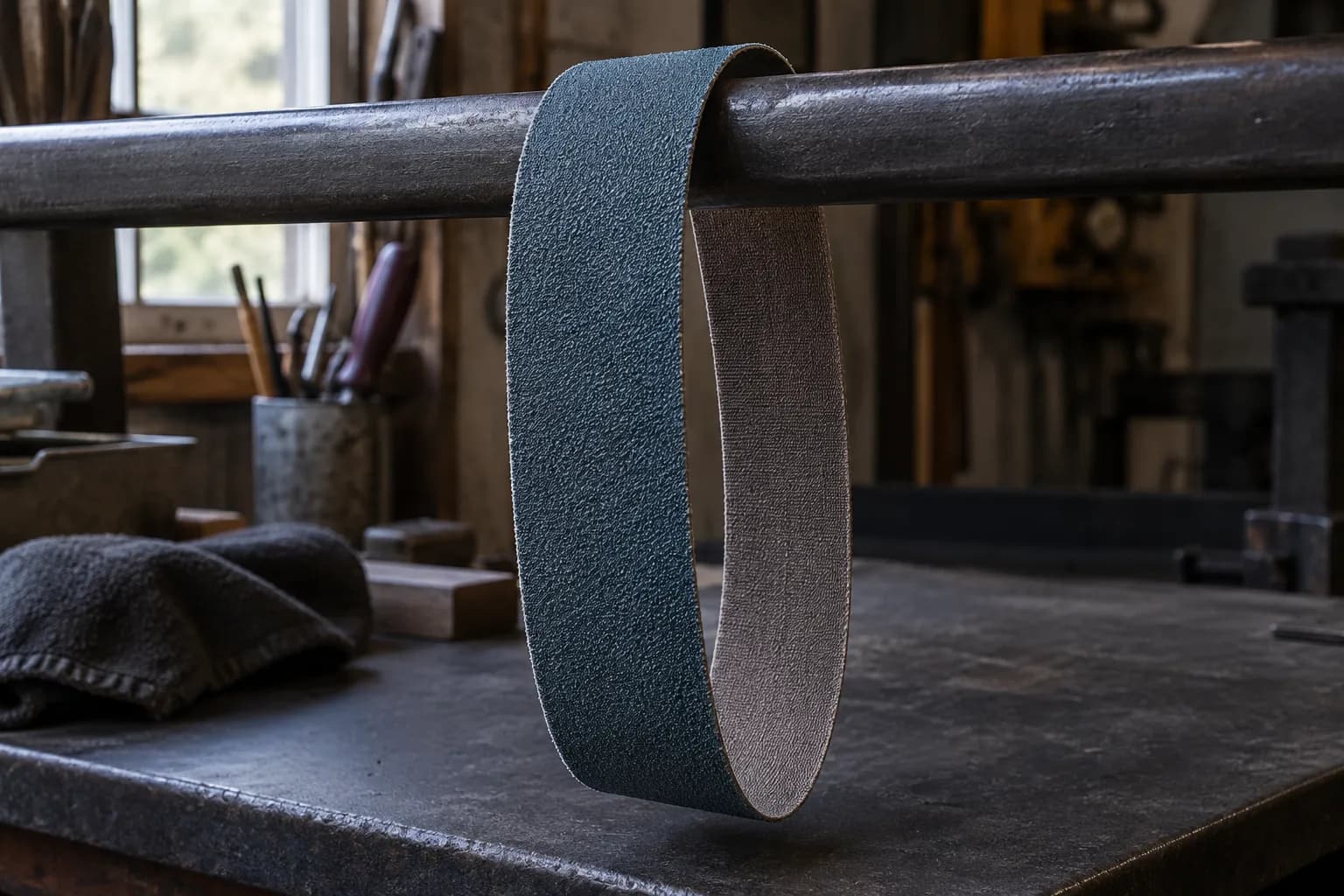 Blue-gray zirconia grinder belt hanging in a loop over a steel bench rail, abrasive face toward the viewer.