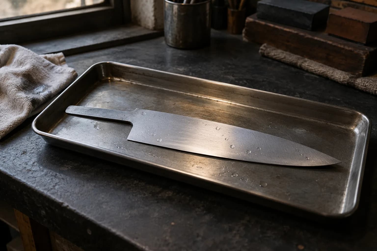 Cold thin chef-knife blank lying flat on a steel tray with satin scratches and water beads, a damp cloth beside it.
