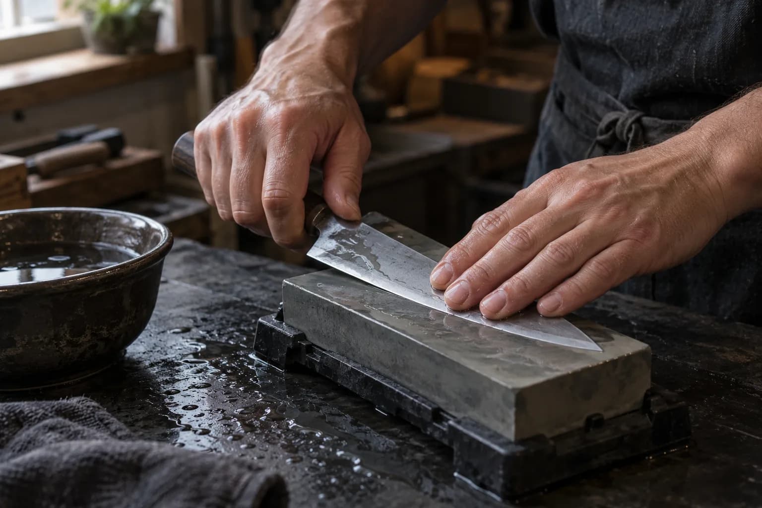 Hands sharpening a kitchen knife on a wet stone in a nonslip holder, fingertips on the blade flat, water bowl beside it.