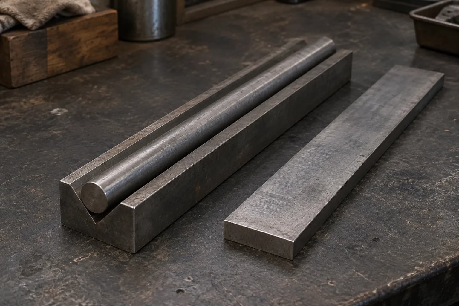 Round steel rod resting in a steel V-block beside a flat steel bar on a dark, worn shop bench