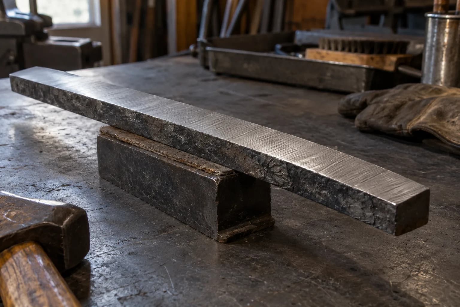 Forged flat steel bar with a ground, scratched broad face and scaly edges, resting on a padded steel block on a bench.