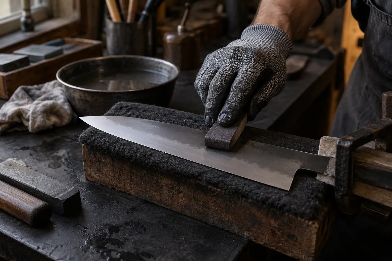 Gloved hand pressing a flat wooden sanding stick on a kitchen-style blade lying on a felt pad, tang held in a clamp.