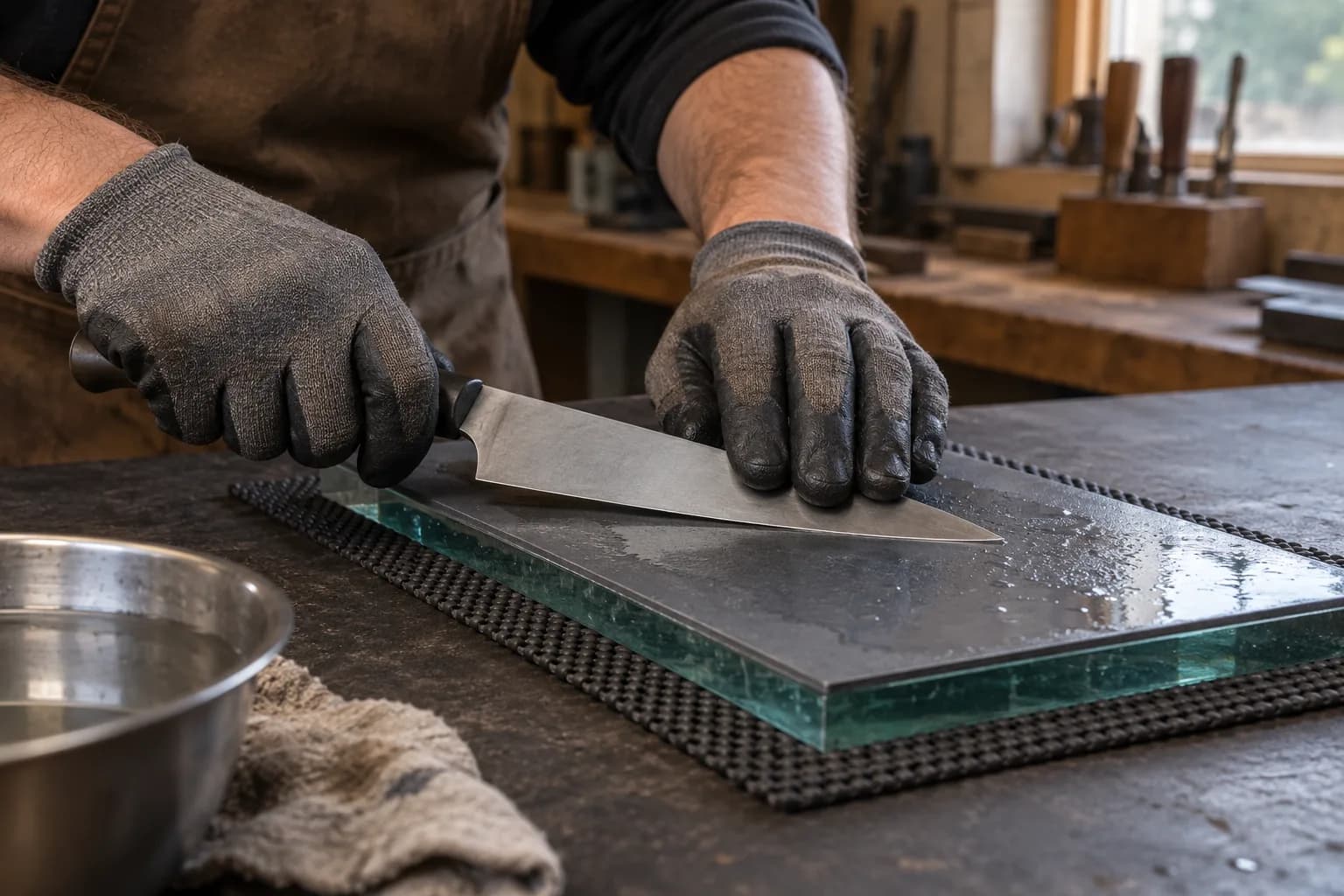 Gloved hands drawing a plain knife across wet abrasive paper laid on a thick glass plate on a nonslip mat.