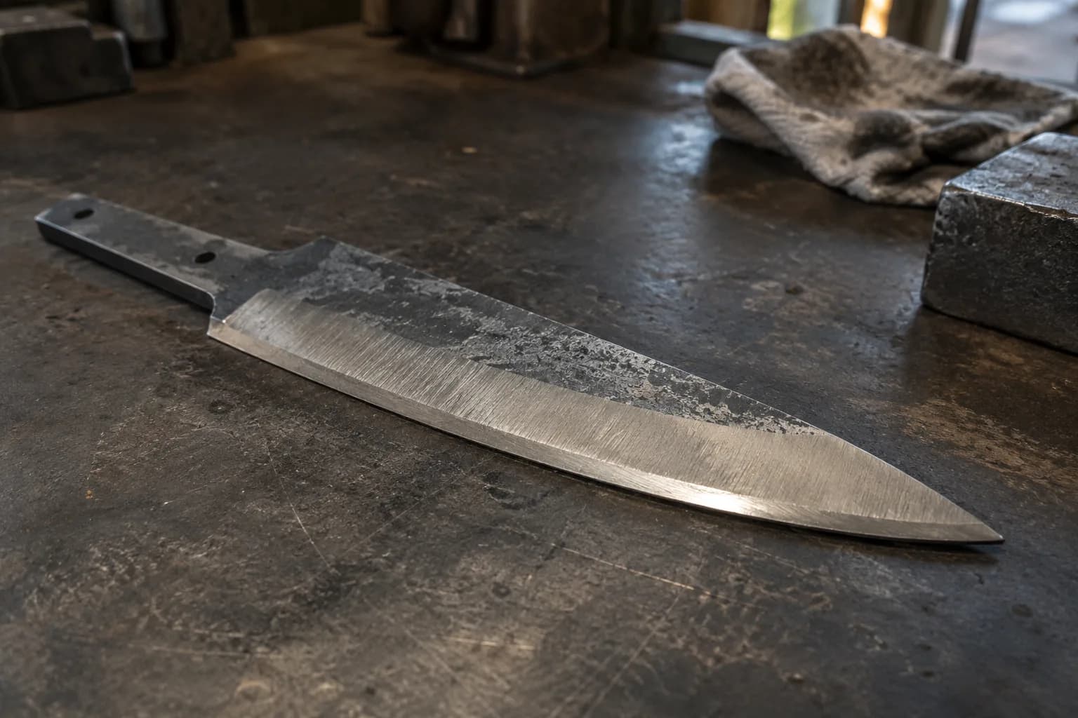 Rough-ground knife blank with wide scratched bevels and a dark forged upper face lying flat on a worn steel bench.
