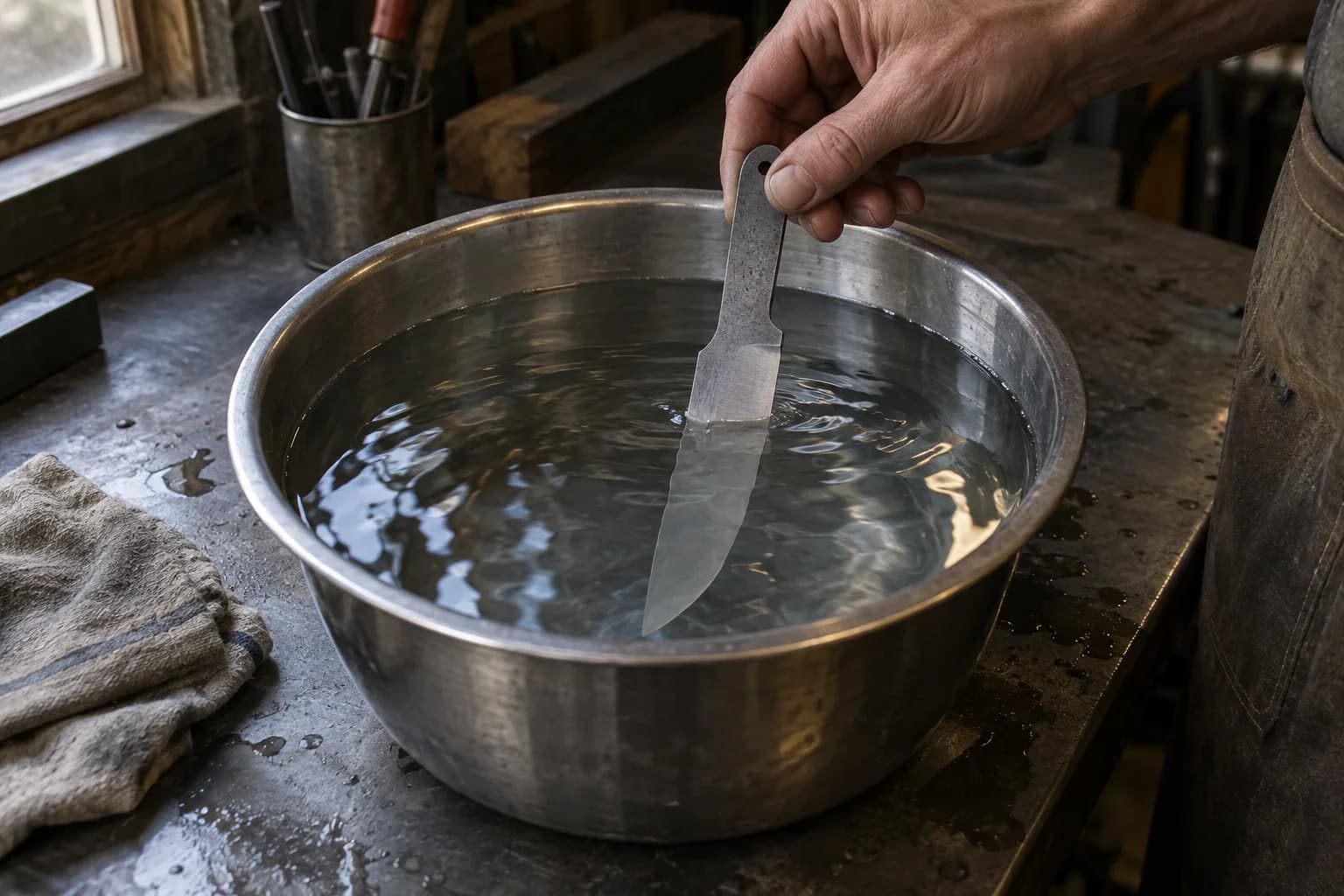 Hand holds a gray knife blank by its tang with the blade dipped into a steel bowl of rippling water on a bench.