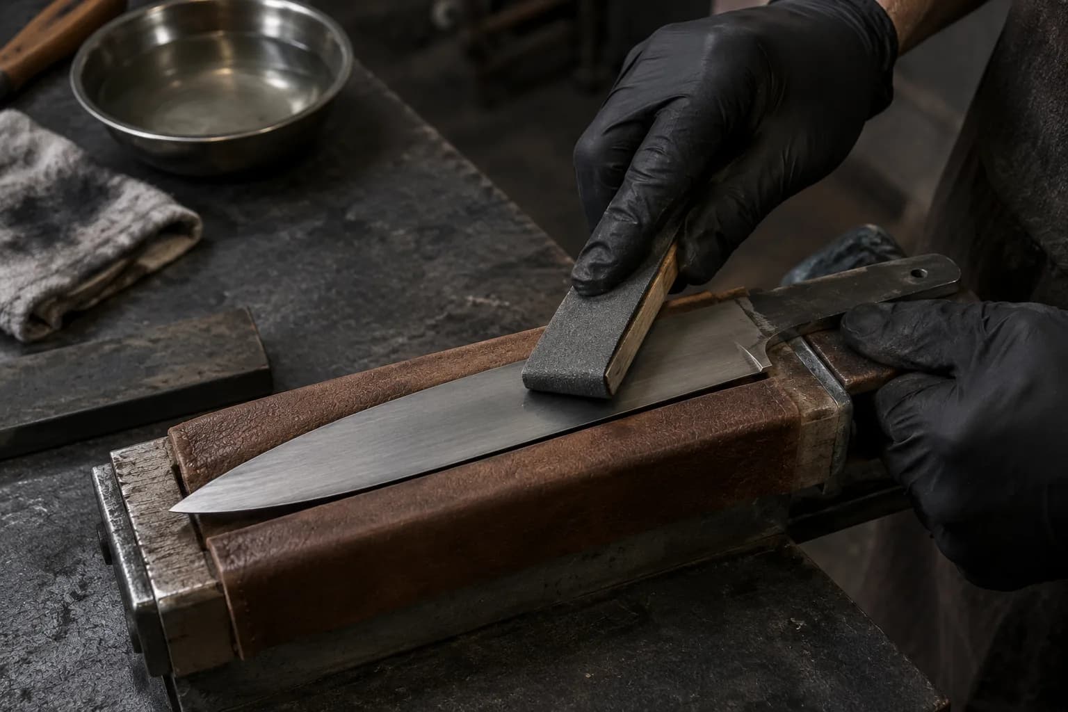 Gloved hand sands a gray knife blade with wet-dry paper wrapped on a hard wooden stick while the blade sits in padded clamps.