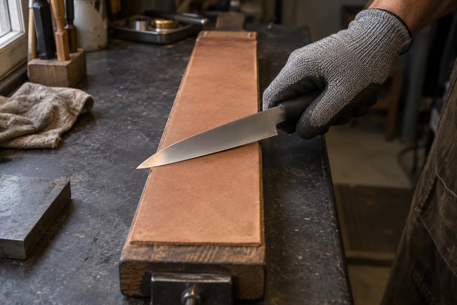 Gloved hand draws a plain utility knife across a wide leather strop on a wooden paddle, spine leading and edge trailing.