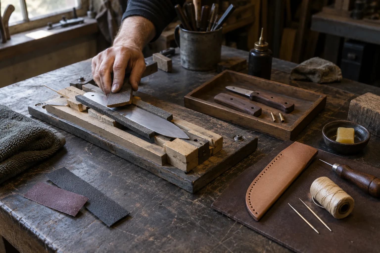 Hand sanding a blade held in a wooden jig, with handle scales in a tray and a stitched leather sheath with awl and thread.