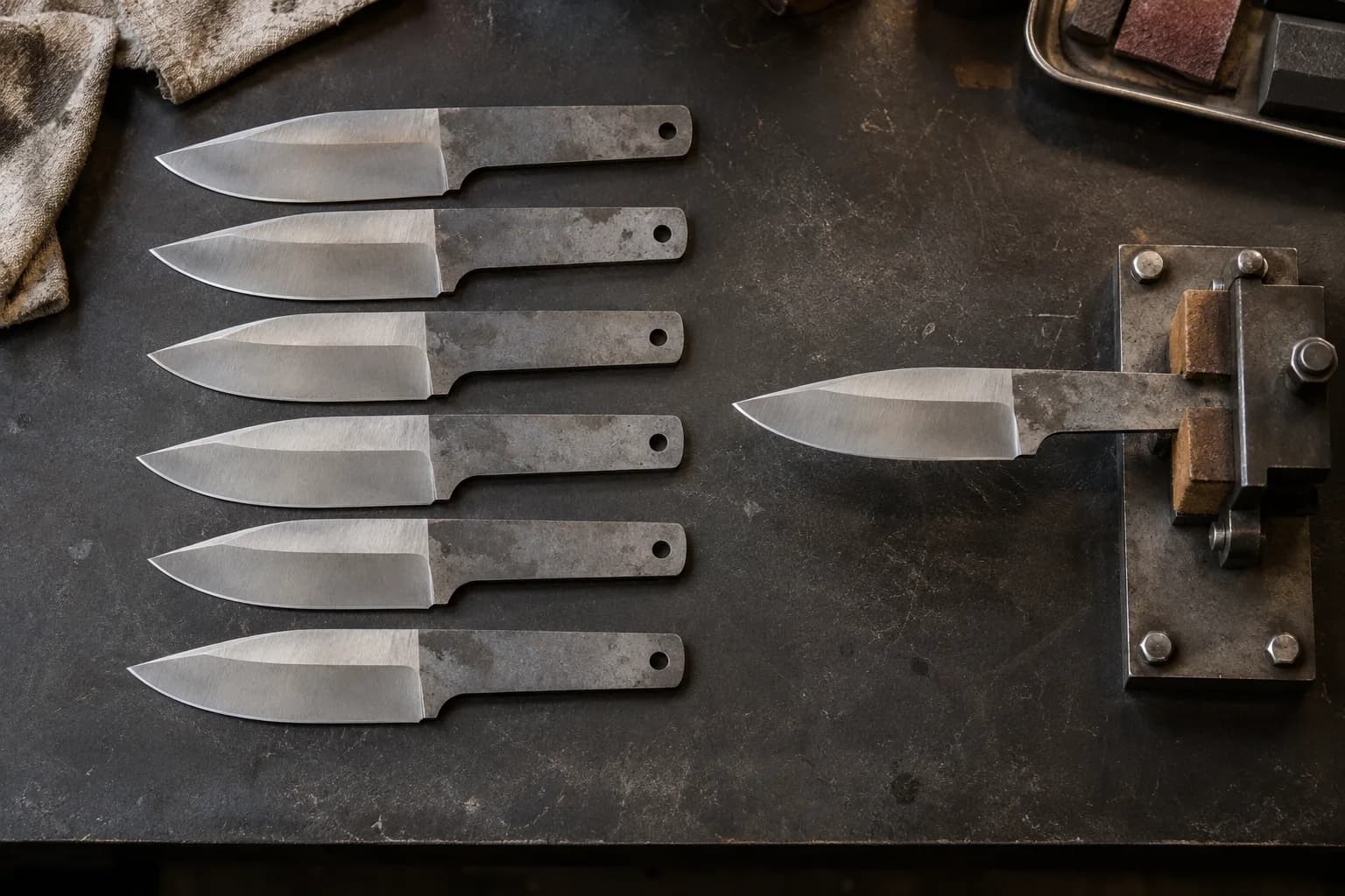 Six matching knife blanks laid in a row on a dark bench beside a bolted padded clamp holding a seventh blank by its tang.