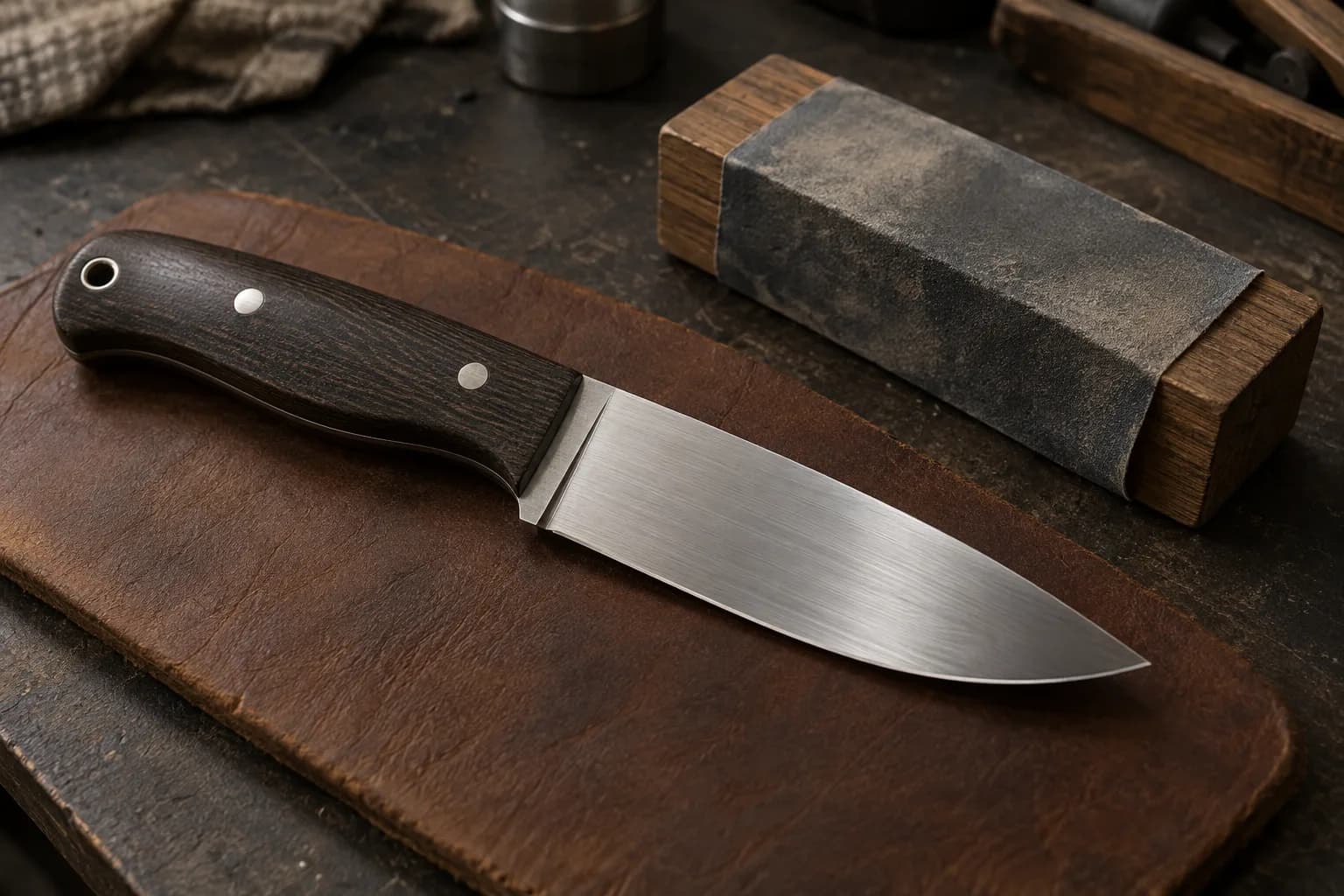 Finished hunting knife with dark pinned handle and uniform satin blade on a leather pad beside a paper-wrapped wood sanding block.