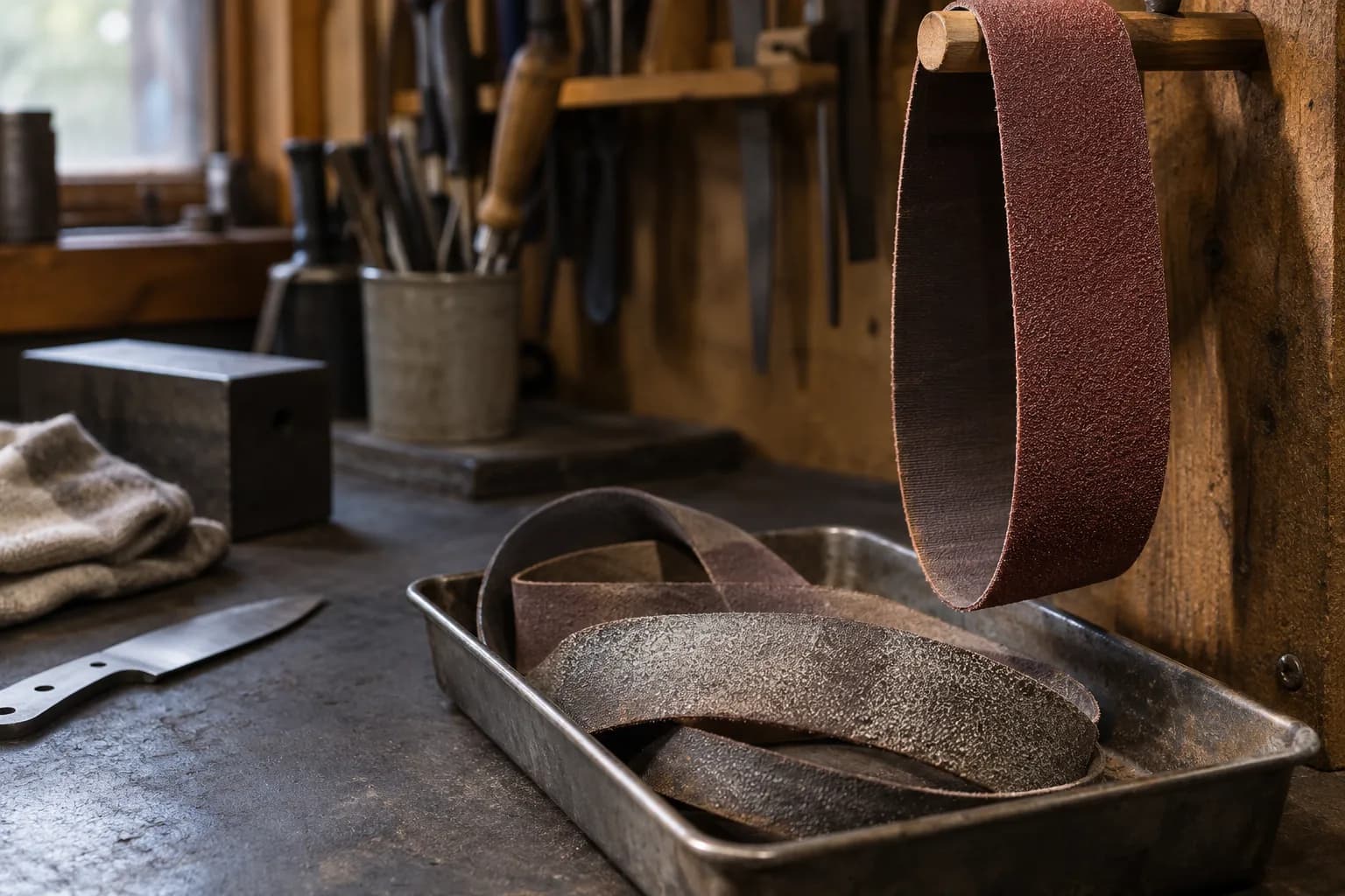 Fresh red-brown abrasive belt hanging from a wooden peg above a metal tray of coiled, silver-loaded used belts on a dark bench