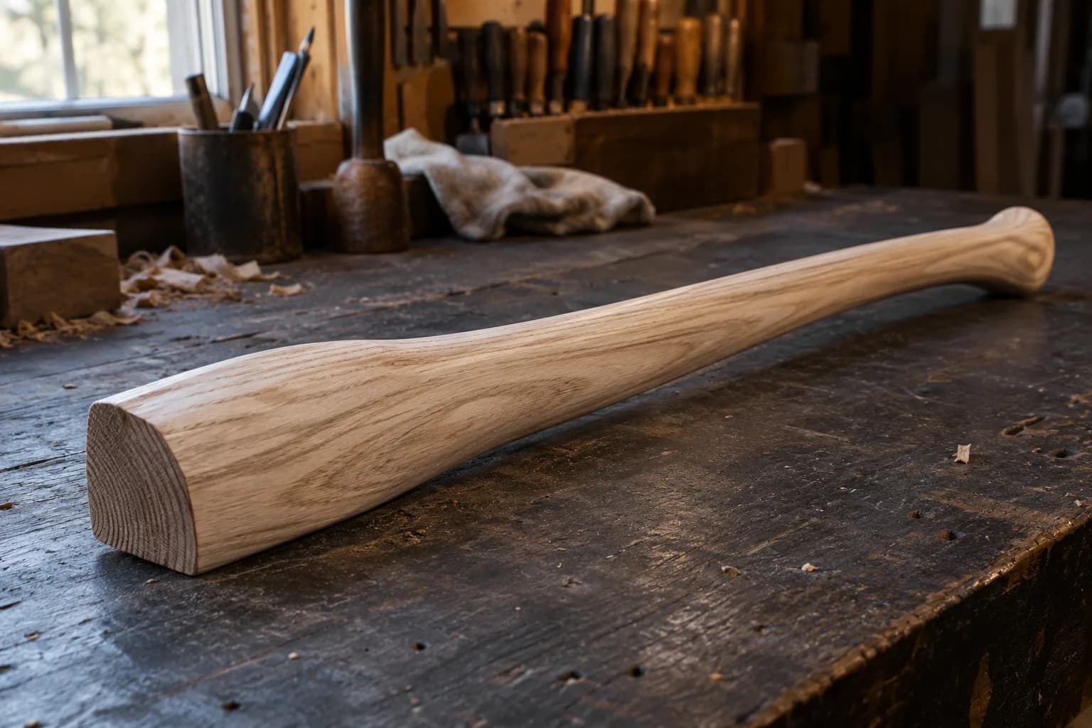 Unfinished pale hardwood axe haft blank on a dark workbench, long grain and end grain visible, swelled knob at the far end