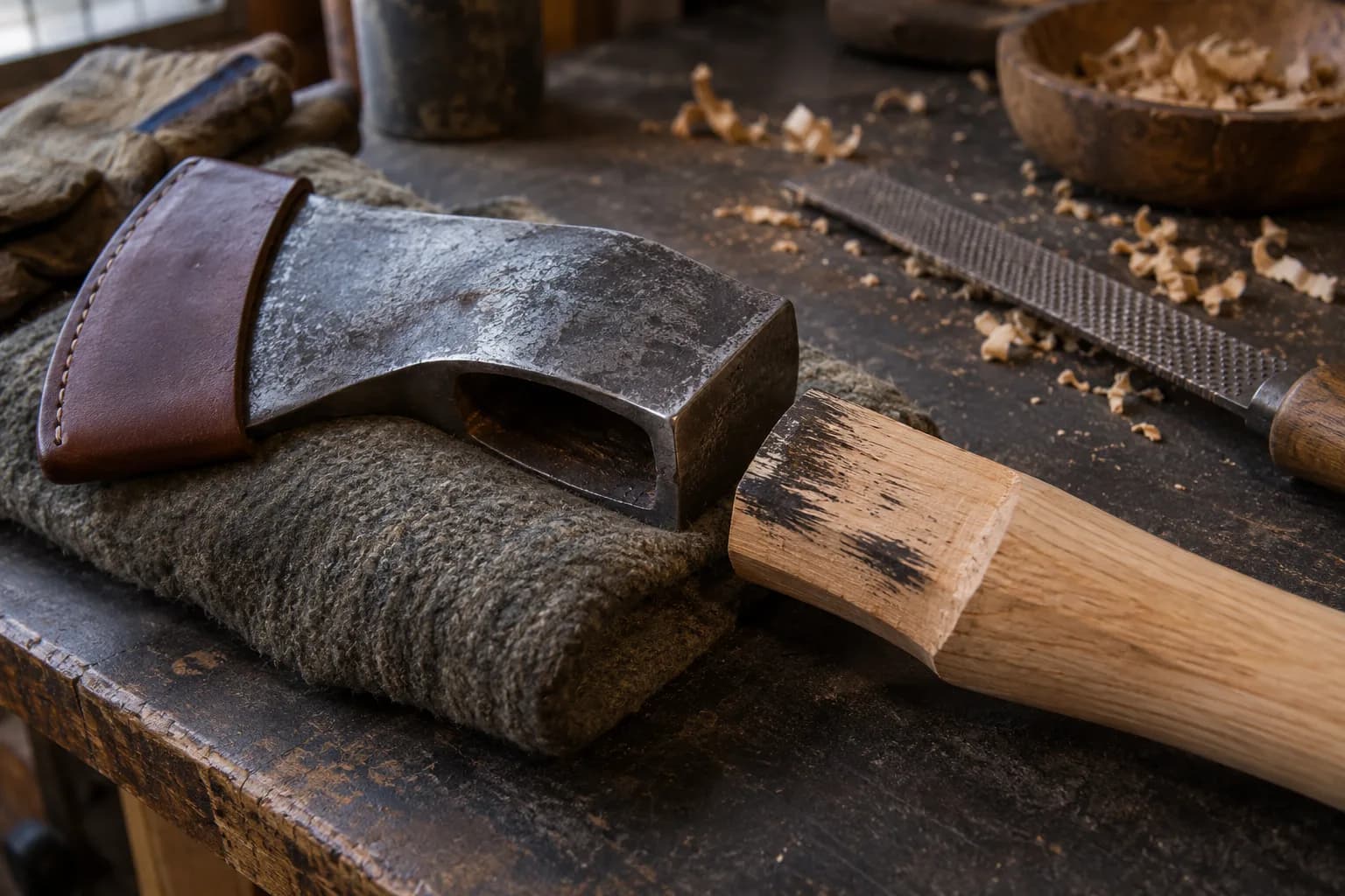 Axe head with leather bit cover on a folded wool pad beside a haft tongue with dark contact marks and a rasp