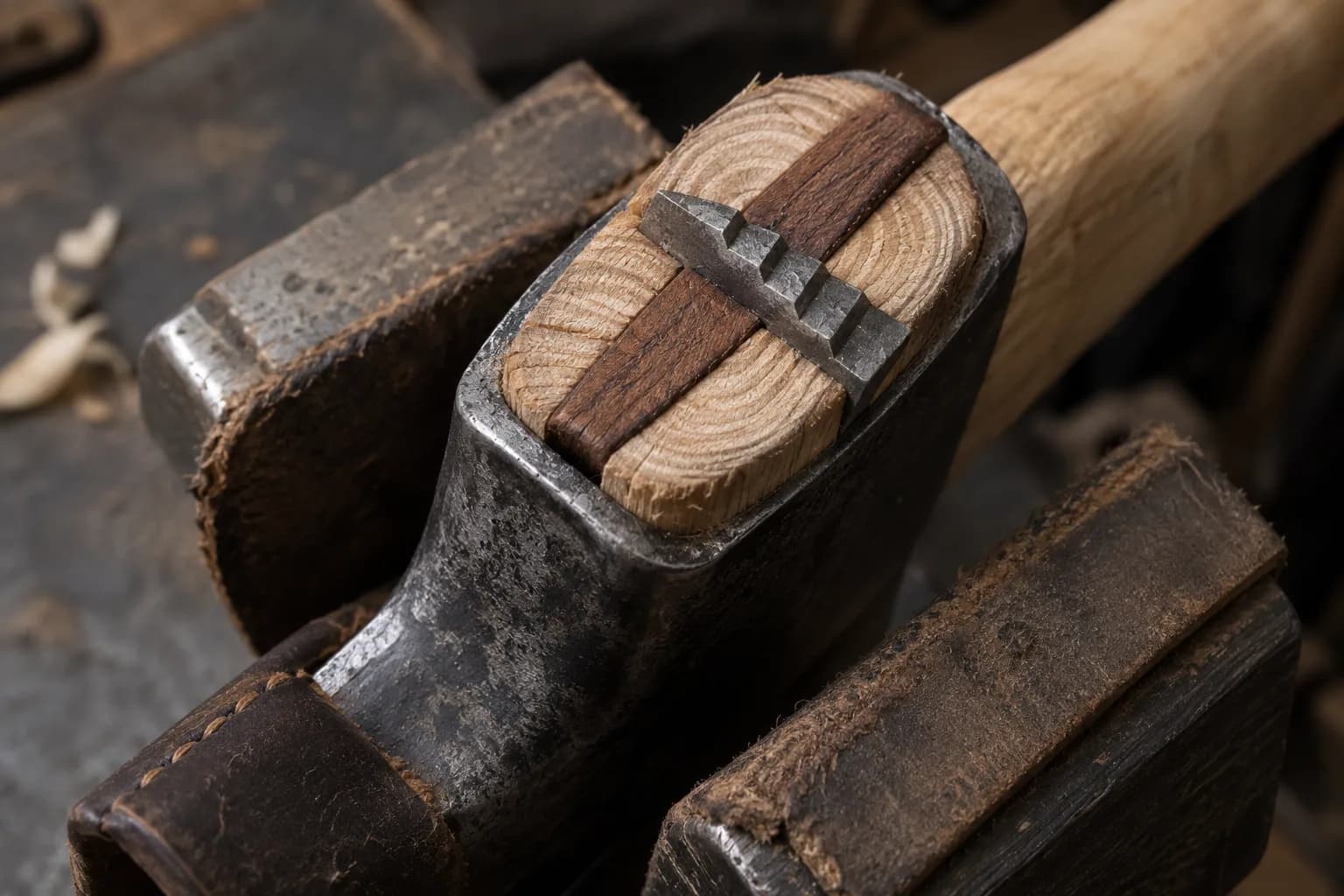 Axe head in padded bench jaws; a dark wooden wedge in the tongue's kerf, crossed by a stepped steel wedge.