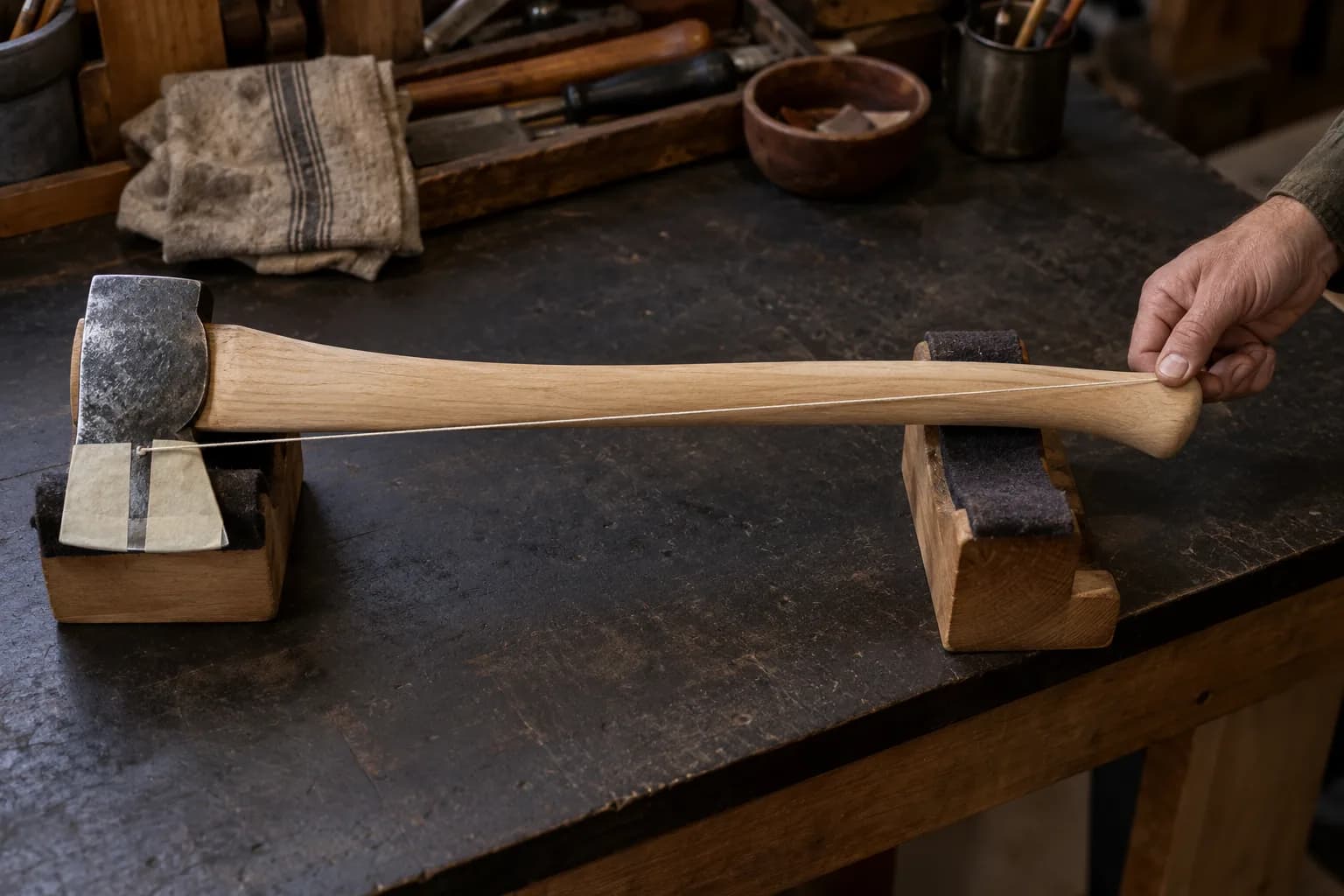 Taut string run from the taped center of an axe bit along the oak haft to the swell, the axe resting in two felt-padded supports.