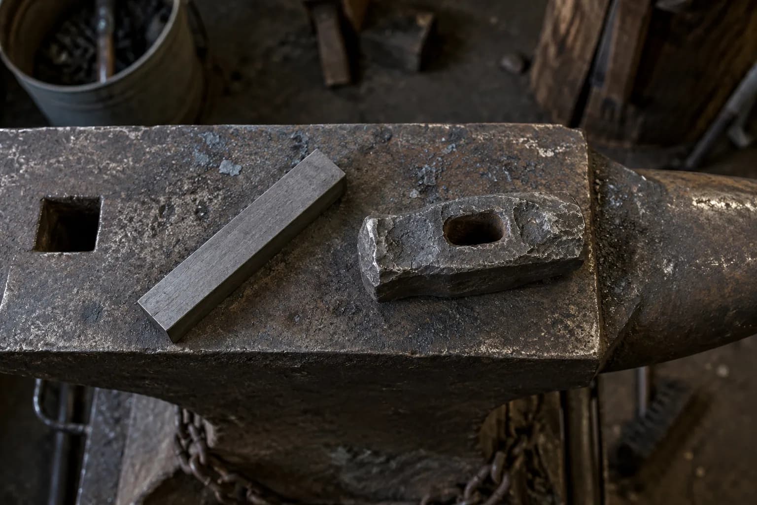 Plain rectangular steel bar beside a rough-forged hammer head with an oval eye, resting on a worn anvil face