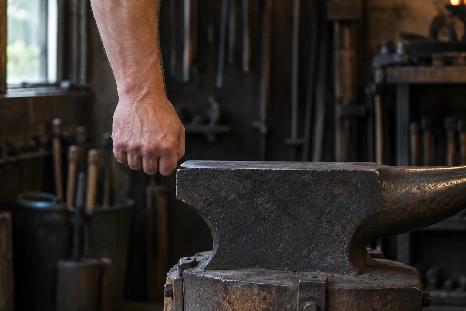 Relaxed closed fist hanging beside a cold anvil with the knuckles level with the face, workshop tools behind.