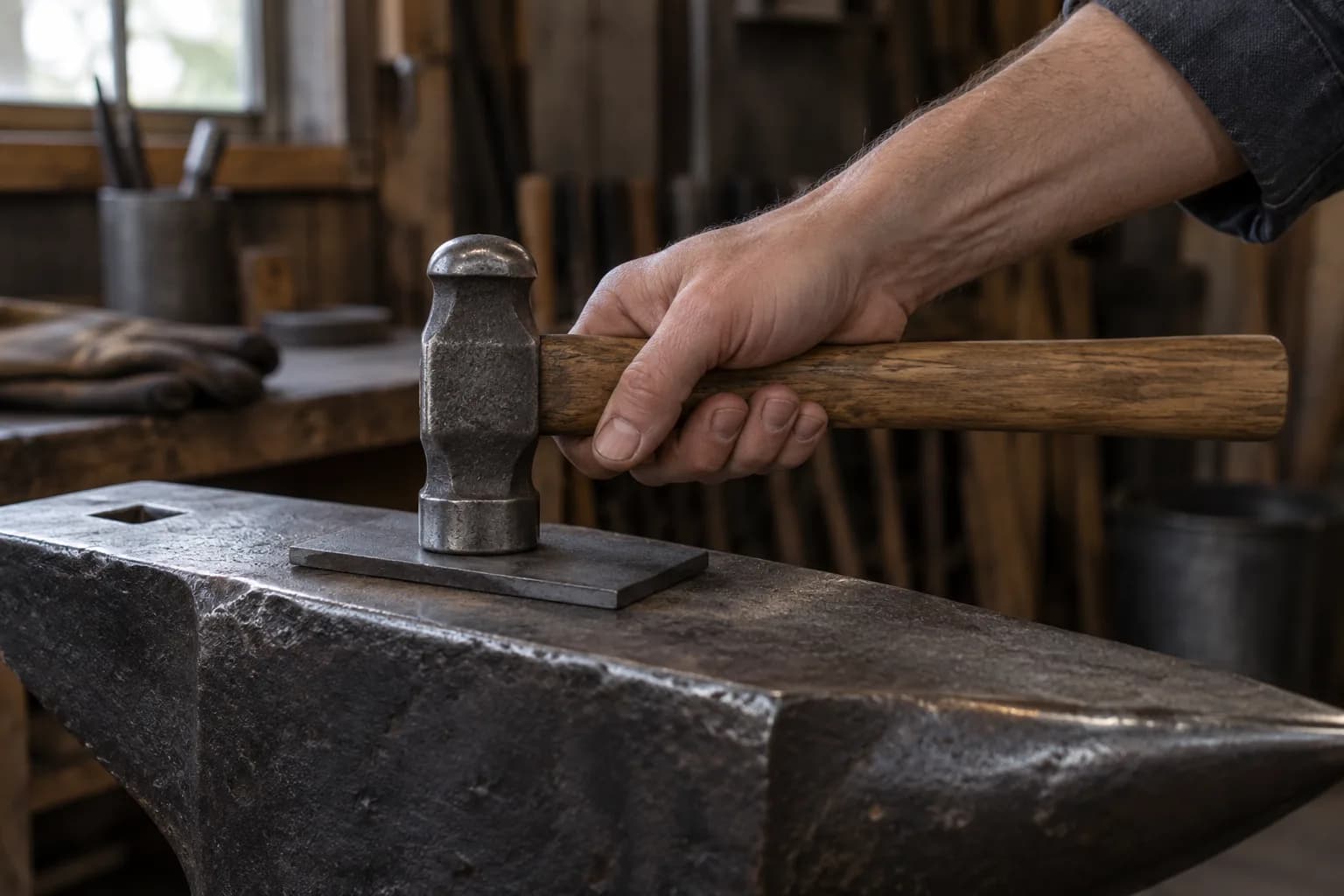 Hand grips a wood-handled ball-peen hammer right behind the head, its face resting on a steel plate on an anvil.