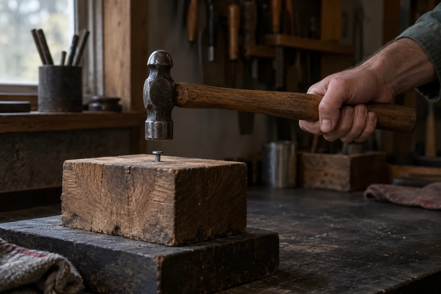 Ball-peen hammer held above a nail standing in a wood block, face aligned over the nailhead.
