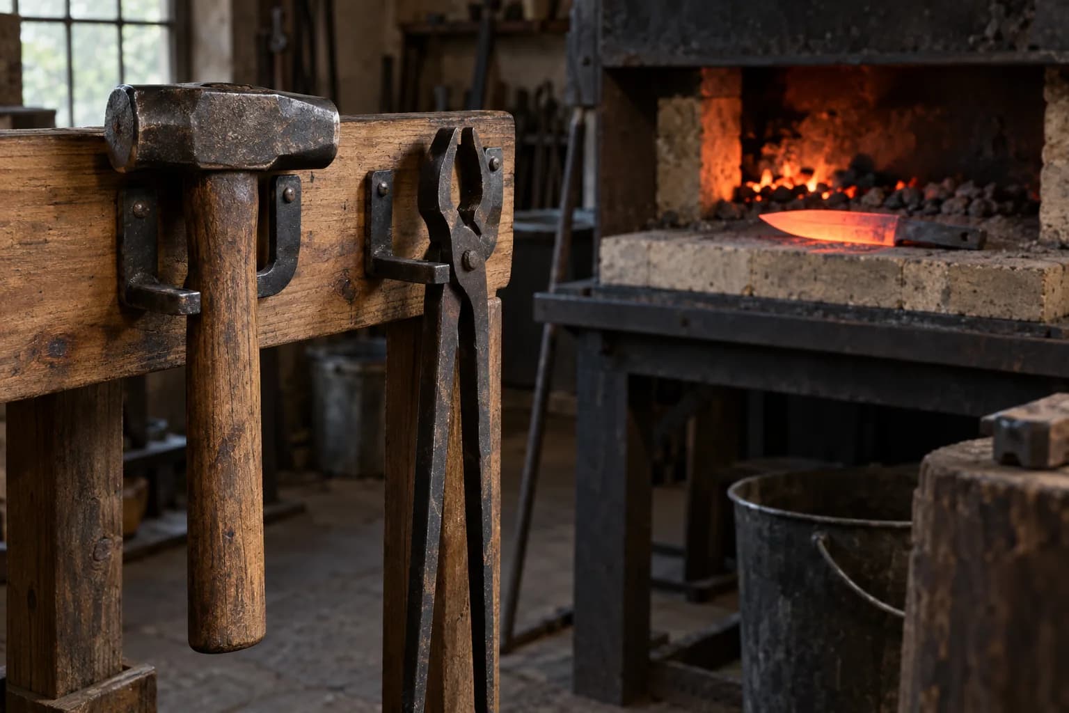 Hammer and long tongs hung on a wooden rack in front of a forge, where a glowing knife blank rests on the hearth brick