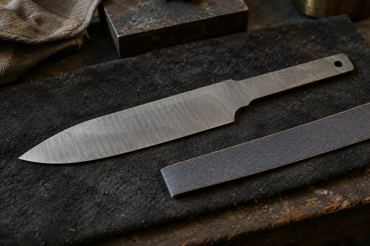 Gray carbon-steel knife blank with coarse parallel scratches and no visible hamon, resting on a dark bench pad.