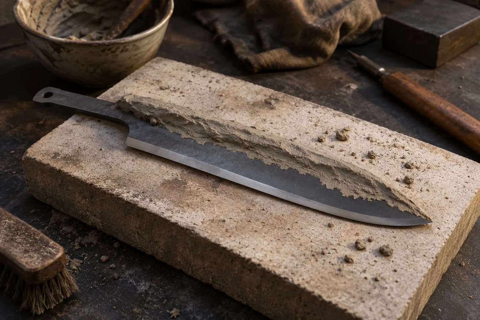 Cold knife blank on a firebrick with dry clay thick along the spine, feathered boundary and bare edge band.