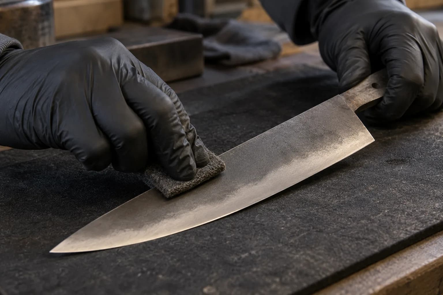 Black-gloved hands hold a chef's knife blank on a dark mat while a gray pad polishes its cloudy hamon band